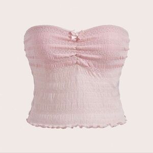 Blush Pink Bow Front Lettuce Trim Ruched Tube Top S Smocked Bandeau Coquette